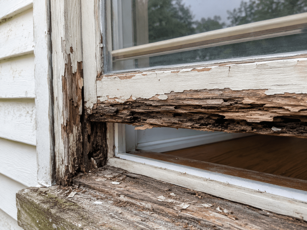 Weathered window with rotting frame details